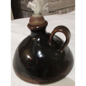 Pottery oil lamp with wick handmade signed by artist brown fall color